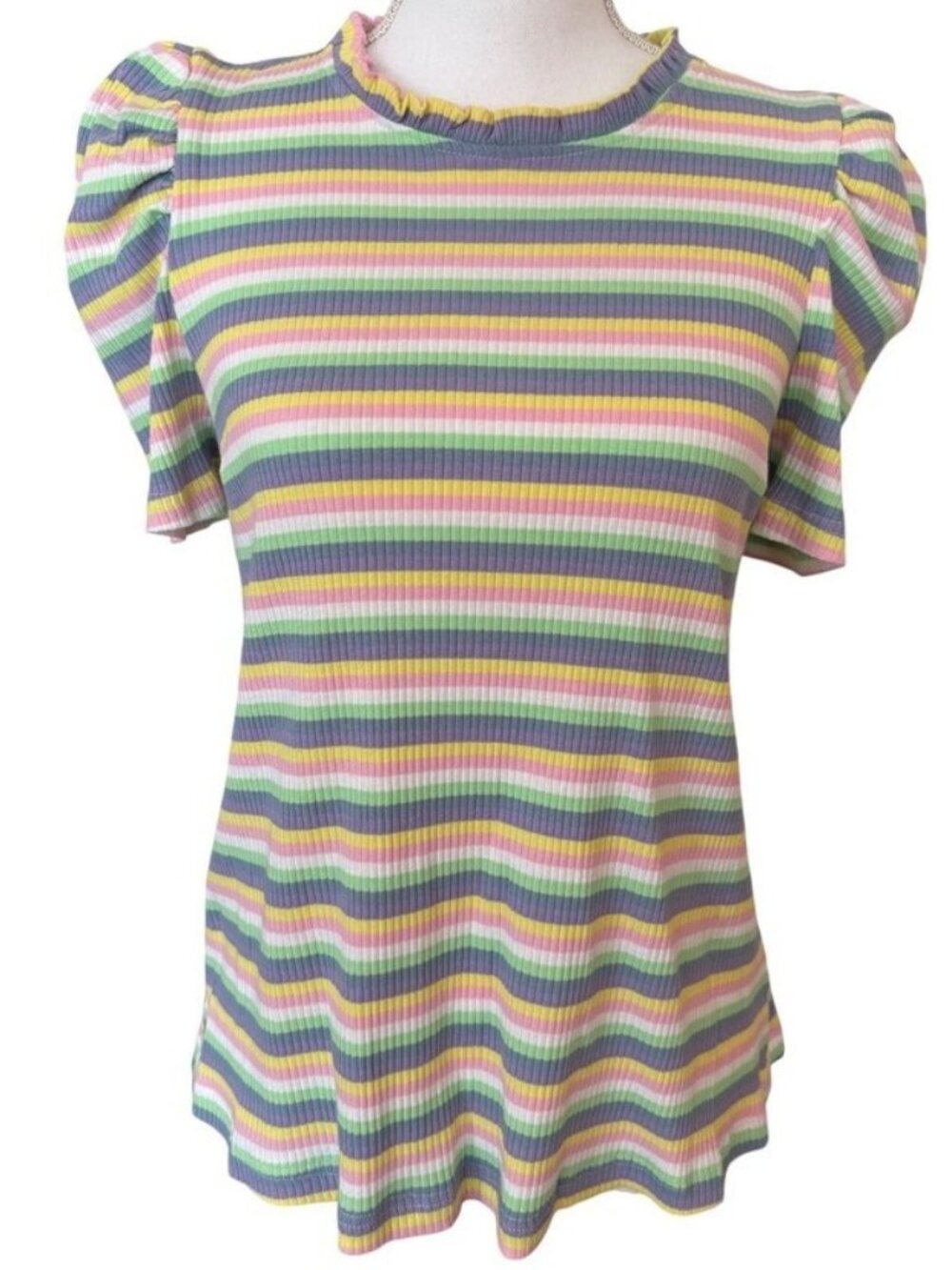 THML Multicolor Pastel Striped Short Sleeve Ribbed Top